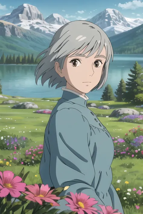 upper body, (best quality), (masterpiece), (solo), 1girl, grey hair, brown eyed, medium length hair, blue dress, grass, flowers, lake, trees, mountains, sunny, looking at viewer