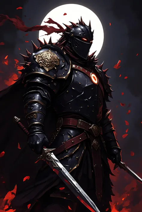 It illustrates an imposing dark knight dressed in armor ornamented in gold and black tones, with Gothic details and intricate watermarks. His helmet, with an imposing design, features a headband of metallic thorns that reinforces its air of dark royalty. I...