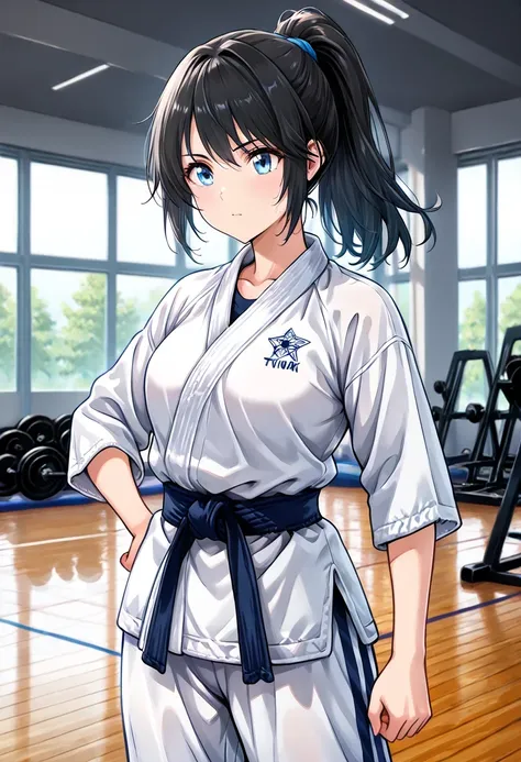 chica, solo,judo,   、pechos enormes , caderas grandes、black hair , ponytail hair, blue eyes, at the gym,the best quality, very aesthetic, woman, best illustration, Not fit for work,