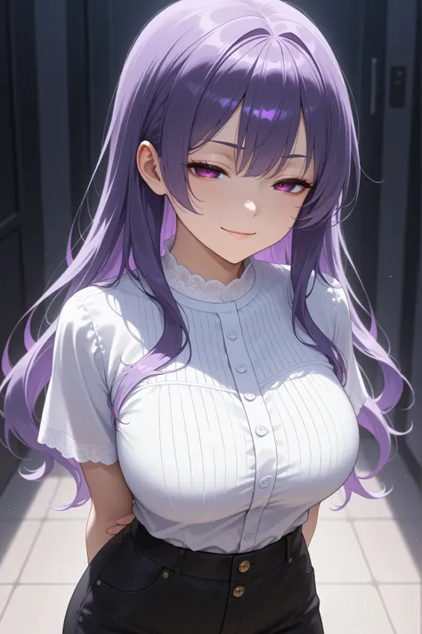 An 18-year-old girl, medium large breasts, purple hair, Half open eyes, STRAIGHT EYEBROWS, light smile, evil expression, casual wear, hands behind his back,