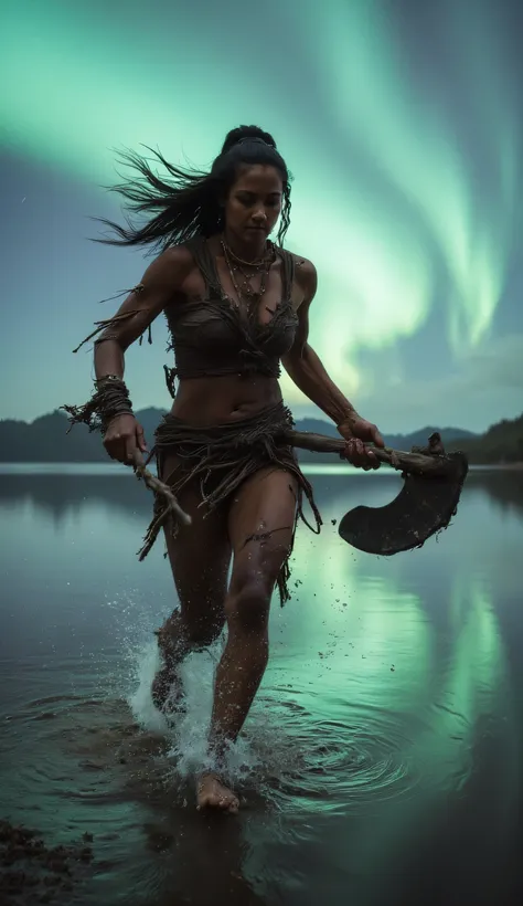 Ultra realistic photography of a ((Egyptian woman)), robust, mature, prehistoric warrior, ancient, indomitable, muscular dressed sensually and rustically, in her hand she holds an axe made of stick, (ropes and stones), ((running wildly)), Background: North...