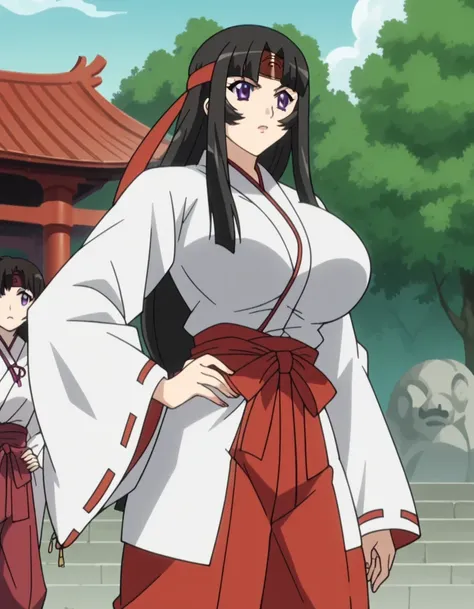 _anime, Tomoe, long hair, huge breasts x2 in size ,black hair, purple eyes, low-tied long hair, anime screencap, skirt,  Japanese clothing,  headband ,  ribbon-trimmed sleeves , Monkey, red hakama pants, Japanese temple,alas afueras del Japanese temple , h...