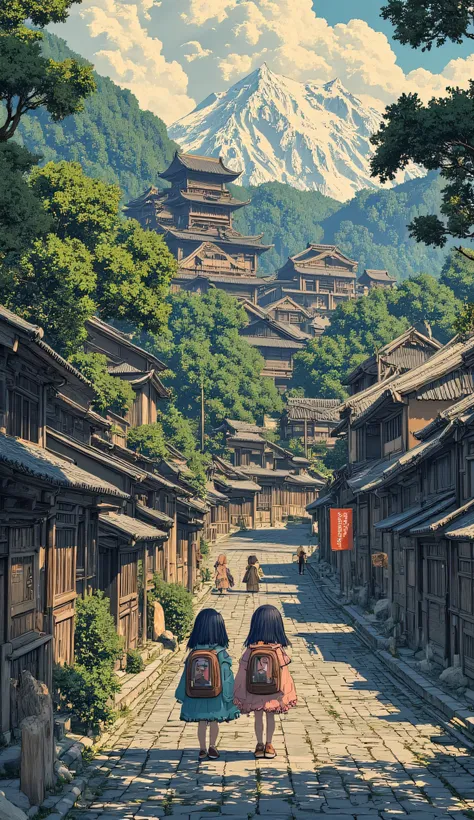 a view of a castle in the middle of a forest with a mountain in the background, japanese city, japonisme 3 d 8 k ultra detailed, japanese town, feudal japan, japanese temples, feudal japan art, japanese landscape, medieval japan, japan. volumetric lighting...