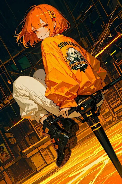 (masterpiece, best quality),(pop poster style),solo,sherryg,a girl riding on swings,pink orange bob hair,big warm orange eyes,gentle smile,wearing cool stylish clothes,orange fluffy shirt with white patterns,tiny long pants,nikkapokka style,black laser boo...