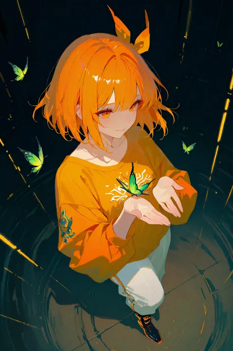 (masterpiece, best quality),solo,sherryg,a girl\(very light orange bob hair,big warm orange eyes,gentle smile),cool stylish clothes\(orange fluffy shirt with white patterns,long pants,nikkapokka style,black laser boots with orange bow\),she looks solo gree...