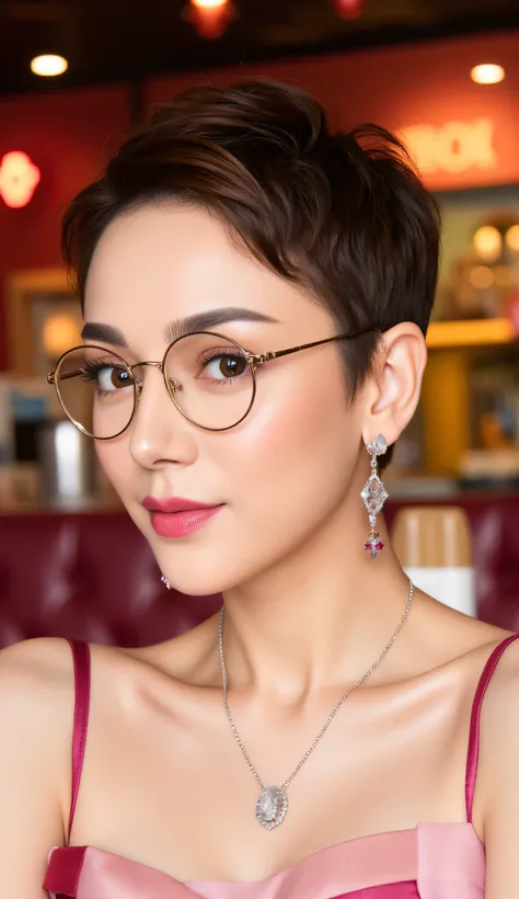 highest quality,4K,8k,High resolution,masterpiece:1.2,Very detailed,Physically Based Rendering,(cute,Adorable,Charm) standing aside, woman,Beautiful fine details,Beautiful lip detail,Long eyelashes,(Shiny,Shiny) pixie short hair,stylish haircut,(stylish,fa...