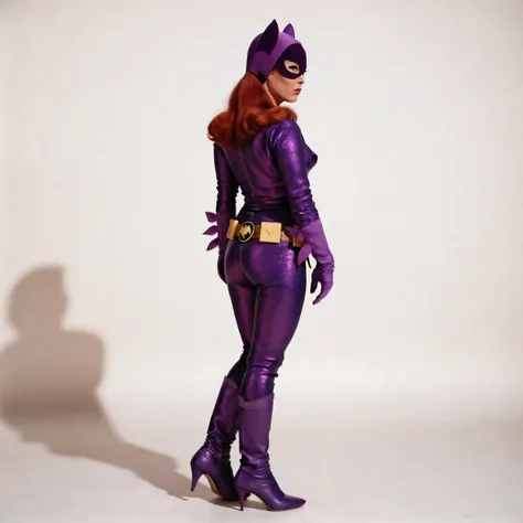 B4tg1rl WOMAN, Yvonne Craig woman, Yvonne Craig as Batgirl, batgirl, 60s Batgirl, retro purple Batgirl costume, backside view, ass view, retro red hair, makeup, purple Batgirl gloves, full purple Batgirl cowl, purple Batgirl mask, purple Batgirl purple glo...