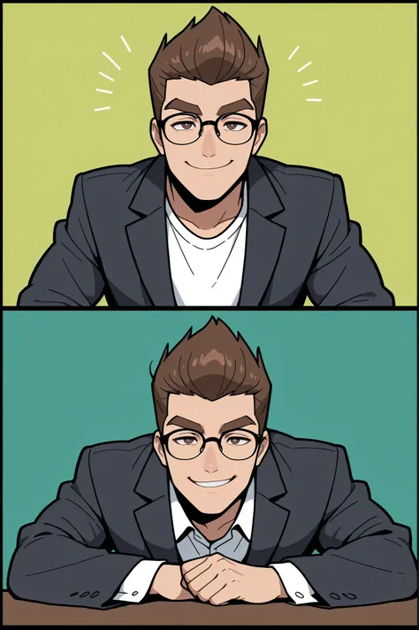 (best quality:1.1), (ultra-detailed), best illustration, (portrait:1.1), (cartoon drawing), oung man, (((boy))), alone, (medium quiff brown hair), (brown eyes with detailed prescription glasses with a black frame), (brown eyebrows), (wearing a shirt and a ...