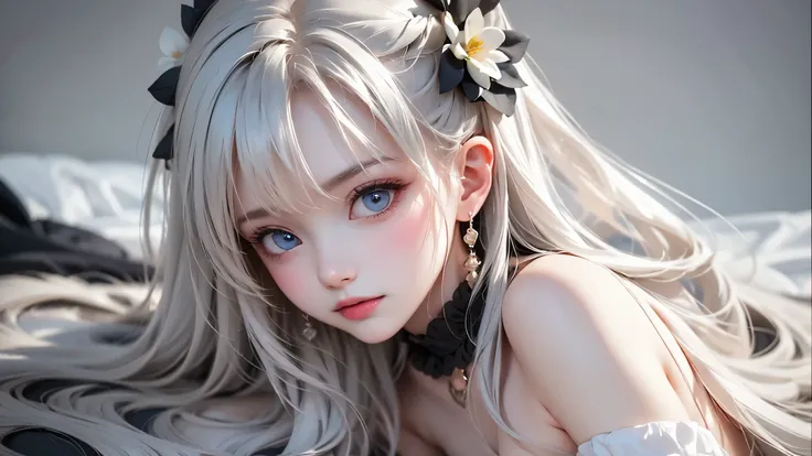Black and White Color Schemes , Sexy Girl Working At A Flower Shop ,beautiful , small,Silvery Curly Hair、portrait、Upper body above lower back、valley