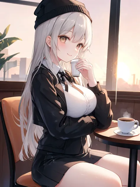 (Masterpiece, 4k, ultra high quality, well detailed), a beautiful woman sitting in a coffee shop with a cup of coffee and a book on the table, Long Hair, Straight hair, gray hair, brown eyes, beautiful eyes, detailed face, beautiful face, Smiling Face, bi...