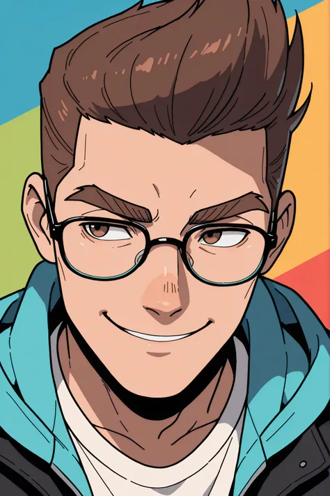 (best quality:1.1), (ultra-detailed), best illustration, (portrait:1.1), (cartoon drawing), 1 man, (((boy))), alone, (medium quiff brown hair), (brown eyes with detailed prescription glasses with a black frame), (brown eyebrows), (wearing a shirt and a jac...