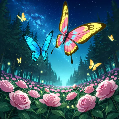 ((butterflies of different colors very close to the observer, incredibly detailed butterflies):1.4) | ((moonlit forest, starry sky)), ((richly detailed scenery, better shading, better sharpness, better contrast, magical forest, pink roses, strelitzia flowe...