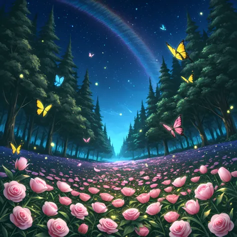 ((butterflies of different colors very close to the observer, incredibly detailed butterflies, rainbow colored roses, petals of different colors, rainbow colored butterflies):1.2) | ((moonlit forest, starry sky)), ((richly detailed scenery, better shading,...