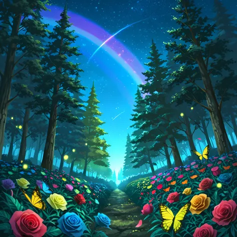 ((rainbow colored roses, petals of different colors):1.4), ((butterflies of different colors very close to the observer, incredibly detailed butterflies, rainbow colored butterflies):1.2) | ((moonlit forest, starry sky)), ((richly detailed scenery, better ...