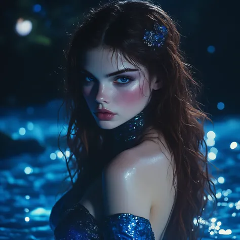 Hyperrealistic and ultra-detailed 4K portrait of an incredibly beautiful woman with very striking heavenly eyes, penetrating and intense , very long and abundant dark brown hair, bright and humid, Portrait that reaches her hips and falls delicately on her...