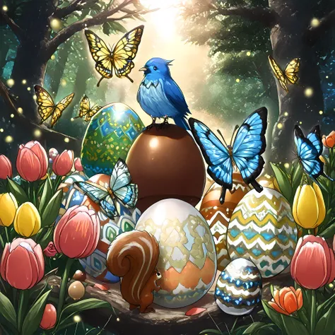 ((rainbow colored roses, petals of different colors, easter eggs in the center of the scene with different colors and designs):1.2), ((butterflies of different colors very close to the observer, incredibly detailed butterflies, rainbow colored butterflies)...