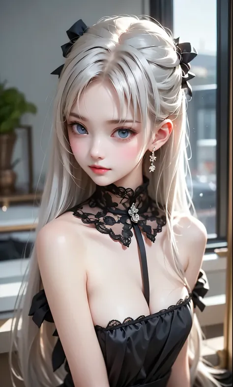 Black and White Color Schemes , Sexy Girl Working At A Flower Shop ,beautiful , small,Silvery Curly Hair、portrait、Upper body above lower back