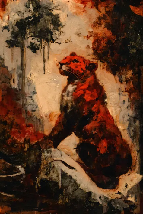 An embossed art with the jaguar animal painted more with red and black 