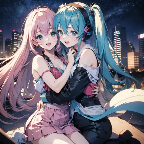hatsune miku,Megurine Luka,two girls,high image quality, long hair , smile, Best Quality, hug, blushes,headphones,open mouth