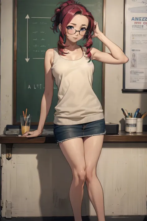 MIZUHO KAZAMI, (stylized by Robert Crumb: 1.5), TEACHER, CHALKBOARD, SWEATER, PURPLE EYES, GLASSES, SLEEVELESS, GOOD FIGURE, HOLDING A PIECE OF CHALK, RED HAIR, DRILL HAIR, SLEEVELESS SWEATER, SIDELOCKS, BARE SHOULDERS, LONG HAIR, PONYTAIL, MATURE FEMALE, ...