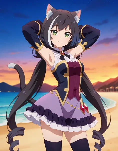 anime screencap, masterpiece, best quality,
1girl, solo, closed mouth, smile,
long hair, streaked hair, black hair, white hair, low twintails, green eyes, cat ears, cat tail,
KarylDress, multicolored dress, red brooch, detached sleeves, gold trim, red gems...