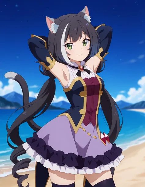 anime screencap, masterpiece, best quality,
1girl, solo, closed mouth, smile,
long hair, streaked hair, black hair, white hair, low twintails, green eyes, cat ears, cat tail,
KarylDress, multicolored dress, red brooch, detached sleeves, gold trim, red gems...