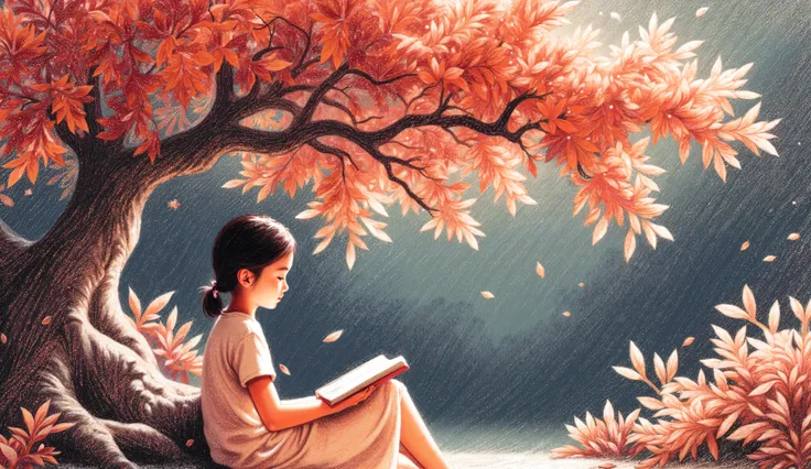 oil pastel, dark background, the girl is sitting under a flamboyant tree reading a book.