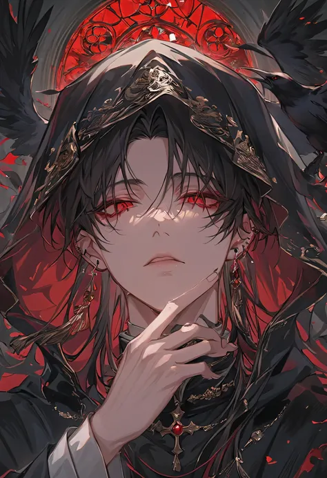 "A hyper-detailed, ultra-high-definition anime-style illustration of a male character draped in a dark, translucent veil, whispering a forbidden prayer. His long, raven-black hair spills over his shoulders, strands catching the dim candlelight. His pierci...