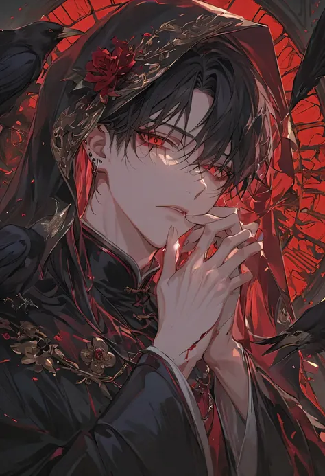 "A hyper-detailed, ultra-high-definition anime-style illustration of a male character draped in a dark, translucent veil, whispering a forbidden prayer. His long, raven-black hair spills over his shoulders, strands catching the dim candlelight. His pierci...