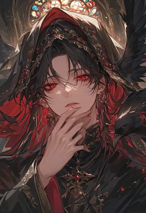 "A hyper-detailed, ultra-high-definition anime-style illustration of a male character draped in a dark, translucent veil, whispering a forbidden prayer. His long, raven-black hair spills over his shoulders, strands catching the dim candlelight. His pierci...