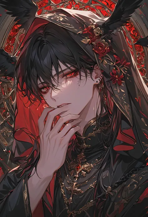 "A hyper-detailed, ultra-high-definition anime-style illustration of a male character draped in a dark, translucent veil, whispering a forbidden prayer. His long, raven-black hair spills over his shoulders, strands catching the dim candlelight. His pierci...