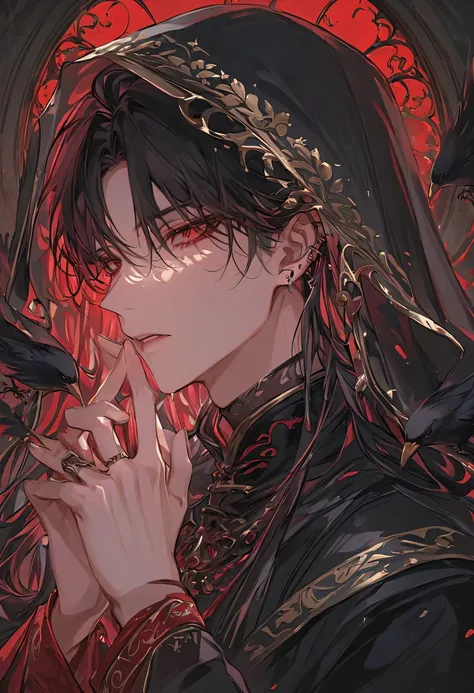 "A hyper-detailed, ultra-high-definition anime-style illustration of a male character draped in a dark, translucent veil, whispering a forbidden prayer. His long, raven-black hair spills over his shoulders, strands catching the dim candlelight. His pierci...