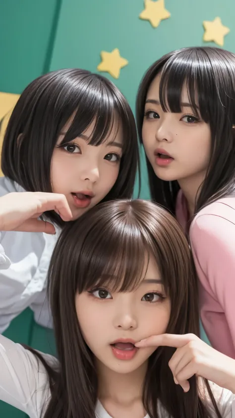 (Girl sticking out her tongue), anime style that is close to the face and chest, cute, 8K, (detailed hands:1.3, perfect right hand:1.2), (detailed tongue:1.2)