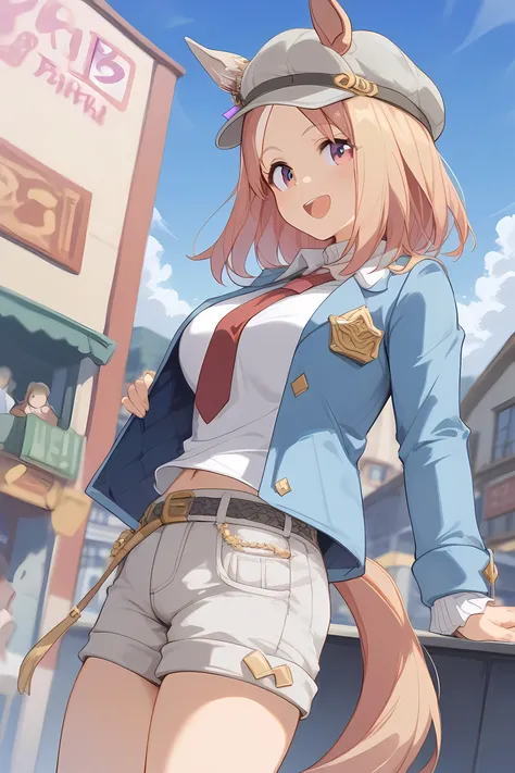 narita top road \(umamusume\),precise face,cute face,,((( grey shorts))),((white sweater)),(Light blue jacket),((gray boots that peck breasts)),((Grey hat)),(((best smile))),(( winks))),((in urban streets)),(( standing)),((Wave your right hand)),((Close up...