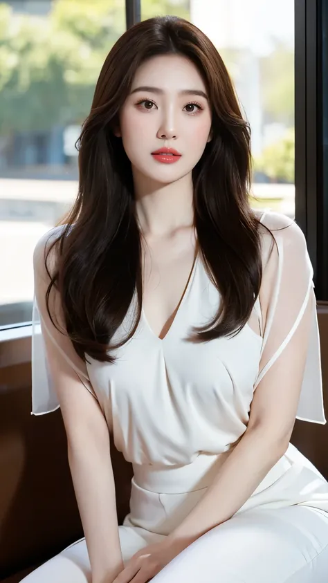 "Hyper-realistic 8k photo of a confident young woman A stunning Asian actress stands confidently near an open cafe window, bathed in soft, diffused lighting that highlights her elegant figure. She wears a sheer white blouse, tastefully accentuating her ton...