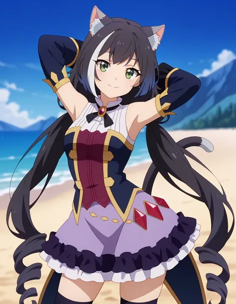 anime screencap, masterpiece, best quality,
1girl, solo, closed mouth, smile,
long hair, streaked hair, black hair, white hair, low twintails, green eyes, cat ears, cat tail,
KarylDress, multicolored dress, red brooch, detached sleeves, gold trim, red gems...
