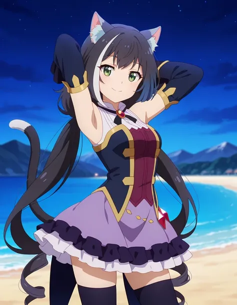 anime screencap, masterpiece, best quality,
1girl, solo, closed mouth, smile,
long hair, streaked hair, black hair, white hair, low twintails, green eyes, cat ears, cat tail,
KarylDress, multicolored dress, red brooch, detached sleeves, gold trim, red gems...