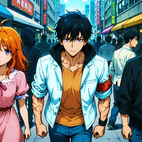 {Sung Jin-woo}:((1 man, man with a confident look, man with a toned body, man with a messy black hair and orange hair strands, ahoge hair, scars on arms, blue long pants, white jacket with black hood, cloth armbands, pink blouse under jacket, purple eyes))...