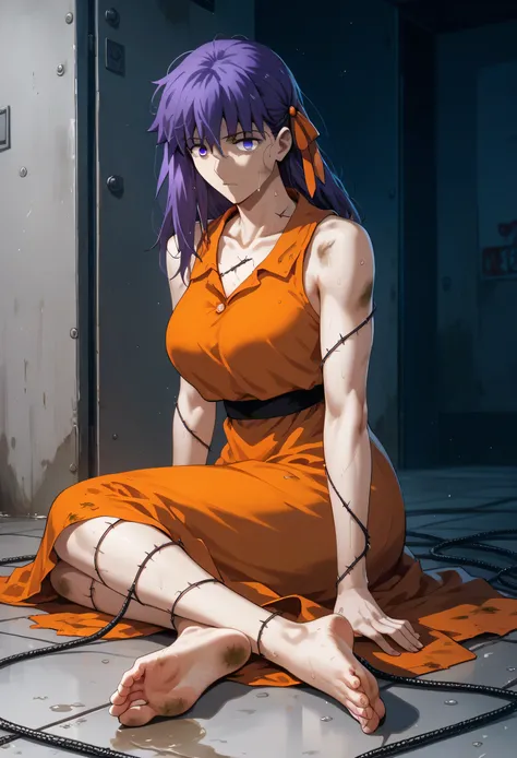 Sakura Matou, fate stay night: heaven's feel, a girl with. white skin, voluptuous body, beautiful body, purple hair (long, loose, and messy hair), purple eyes, (((wearing a short, sleeveless, maximum security inmate orange dress with the ID number: in...