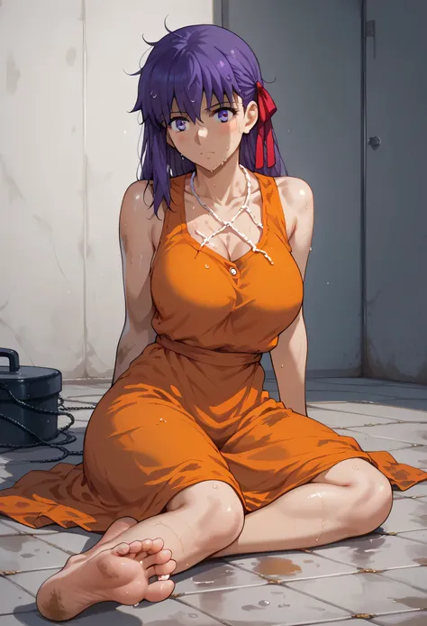 Sakura Matou, fate stay night: heaven's feel, a girl with.  white skin, voluptuous body, beautiful body, purple hair (long, loose, and messy hair), purple eyes, (((wearing a     short, sleeveless, maximum security inmate orange dress with the ID number: in...