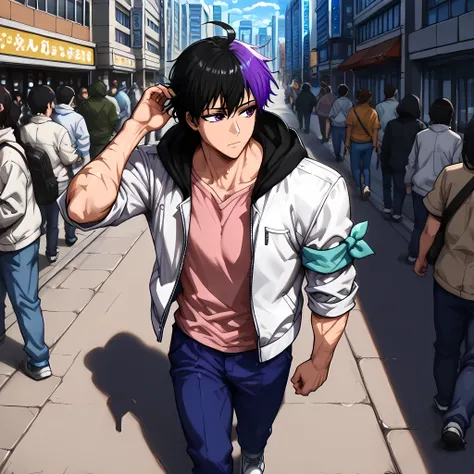 {Sung Jin-woo}:((1 man, looking to the side, while scratching his hair, man with a confident look)), ((dual color hair, man with a toned body, man with messy black hair with purple strands at the ends, ahoge hair, scars on arms, blue long pants, white jack...