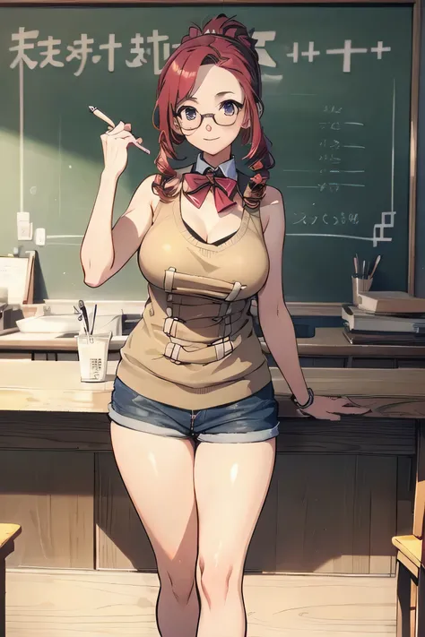 MIZUHO KAZAMI, (stylized by Robert Crumb: 1.5), TEACHER, CHALKBOARD, SWEATER, PURPLE EYES, GLASSES, SLEEVELESS, BUSTY, HOLDING A PIECE OF CHALK, RED HAIR, DRILL HAIR, SLEEVELESS SWEATER, SIDELOCKS, BARE SHOULDERS, PONYTAIL, MATURE FEMALE, 1girl, solo, full...