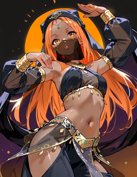 (dynamic angle,dynamic pose),.Orange hair, straight long hair, forehead, Arabian dancer outfit, see-through, dark skin, natural cosmetic,full lips,adult female face, black head scarf, mouth veil, bar, Arabian dance pose, One Thousand and One Nights,soft li...