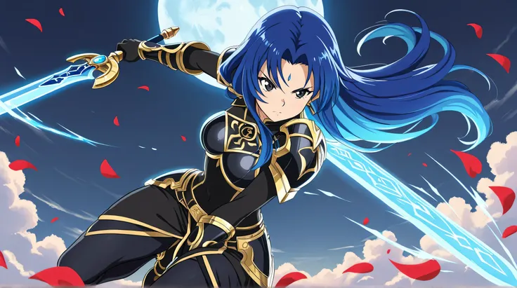 Masterpiece, Best Quality, Top Quality, Very Detailed, 1 girl, A fierce female warrior with long, flowing blue hair and piercing black eyes, wielding a glowing ice-blue sword under the full moon. She wears an intricate black and blue battle outfit adorned ...