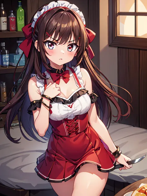 Highly detailed, high quality, masterpiece, beautiful, (all photo shooting), girl student, perfect eyes, red eyes, light eyes, blushing face, threatening face, angry, with a knife in her hand, big thighs, medium chest, short stature, long hair, light brow...