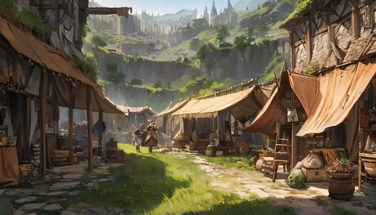 (anime: 1 . 5 , fantasy: 1 . 5), detailed CG unity 8k wallpaper, best quality, photorealistic, masterpiece:1.2, (merchant tent, traditional, medieval, rustic, grassy landscape), From Brian Froud and Carne Griffiths and Wadim Kashin and John William Waterho...