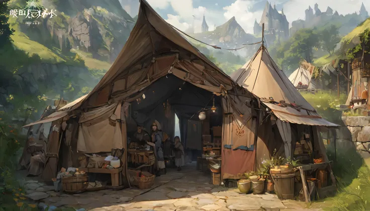 (anime: 1 . 5 , fantasy: 1 . 5), detailed CG unity 8k wallpaper, best quality, photorealistic, masterpiece:1.2, (merchant tent, traditional, medieval, rustic, grassy landscape), From Brian Froud and Carne Griffiths and Wadim Kashin and John William Waterho...