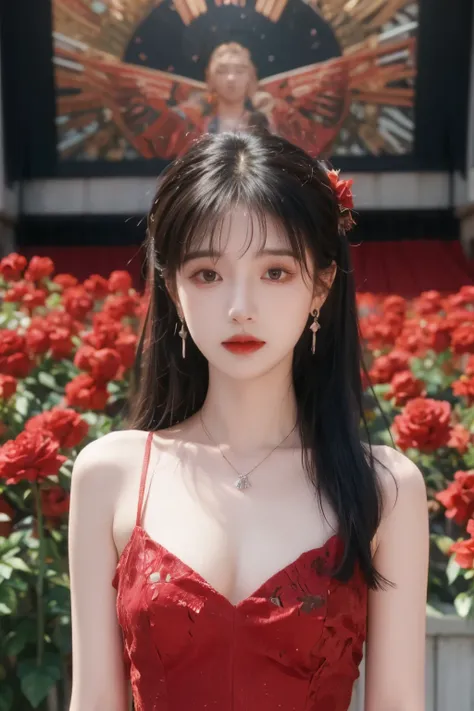 ( masterpiece, highest quality:1.2), 8,000, 85 mm, original photo, confuse, hair, red ombre dress, Delicate girl,shiny skin, , watching the audience, HDR, clear focus, shiny skin, small eyes and face , red rose background, Surrounded by roses、earrings、 n...