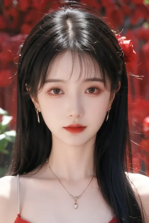 ( masterpiece, highest quality:1.2), 8,000, 85 mm, original photo, confuse, hair, red ombre dress, Delicate girl,shiny skin, , watching the audience, HDR, clear focus, shiny skin, small eyes and face , red rose background, Surrounded by roses、earrings、 n...
