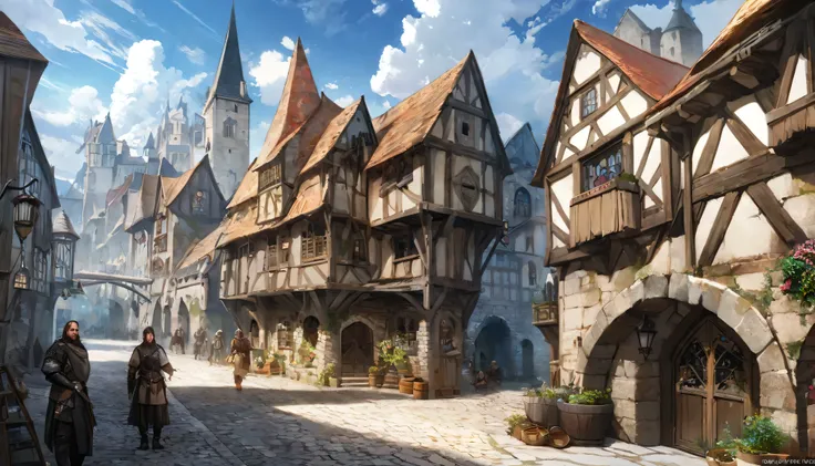 (anime: 1 . 5 , fantasy: 1 . 5), (detailed CG unity 8k wallpaper, best quality, photorealistic, masterpiece:1.2), ((capital city, medieval, rustic, nice houses, stone road, blue skies with fluffy clouds)), From Brian Froud and Carne Griffiths and Wadim Kas...